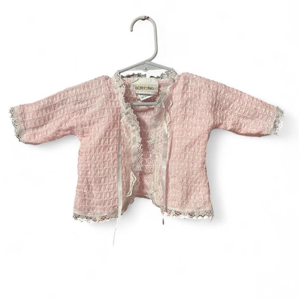 Vintage newborn baby girl soft ribbon tie cardigan with lace edging